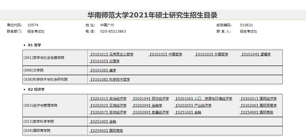 2021考研專業目錄:華南師范大學2021年碩士研究生招生目錄
