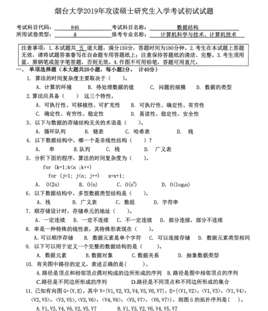 考研真題：2019年煙臺大學外國語學院碩士研究生招生考試初試自命題