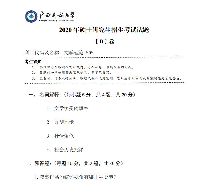 考研真題:廣西民族大學2020年碩士研究生招生考試試題808文學理論