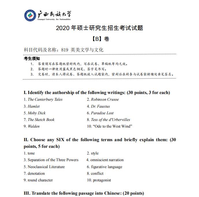 考研真題:廣西民族大學2020年碩士研究生招生考試試題819英美文學與文化