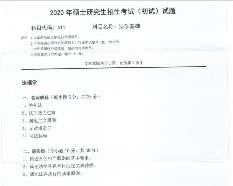 考研真題:西南科技大學(xué)2020年碩士自命題試題611法學(xué)基礎(chǔ)