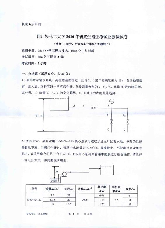 考研真題:四川輕化工大學(xué)2020年碩士自命題真題804化工原理